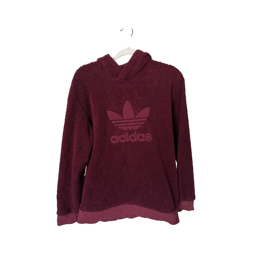 Adidas Originals Womens Sherpa Fleece Hoodie Burgundy Maroon Trefoil Logo Small - Picture 1 of 4